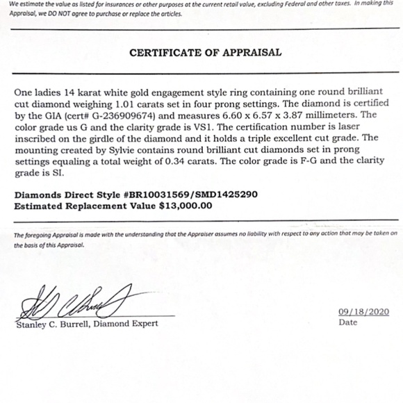 1.01 carat GIA certified natural diamond ring, 14k white gold, size 5.5~ - Picture 6 of 6